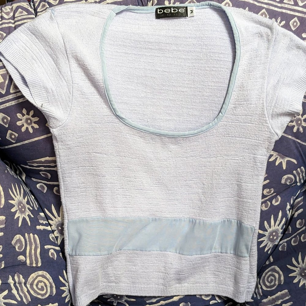 Vintage Y2K bebe Powder-Blue Cap Sleeve Peek-a-boo Sweater - Picture 8 of 13